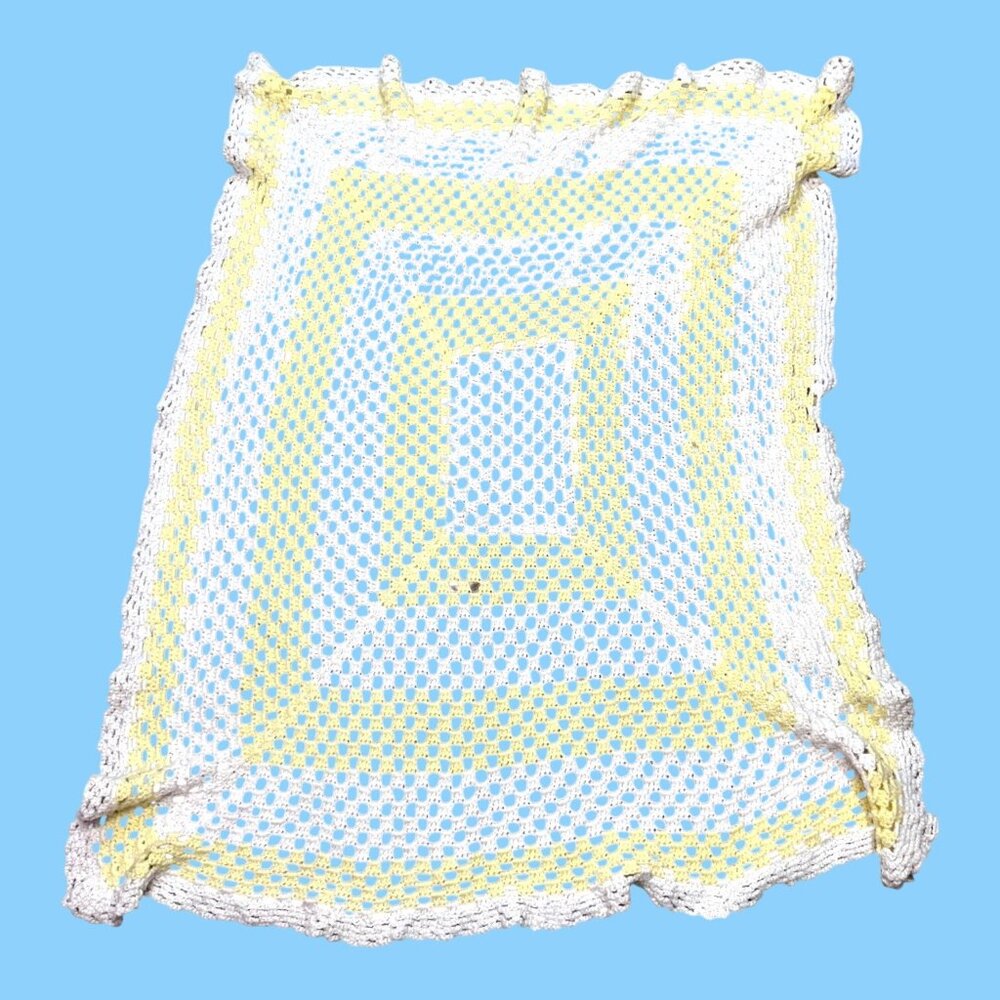 Vintage Hand Crocheted Baby Blanket Wheelchair Lap White Yellow Throw Rectangle